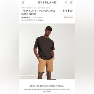 Everlane Men’s The 9’’ Slim Fit Performance Chino Shorts NWT - Size 31